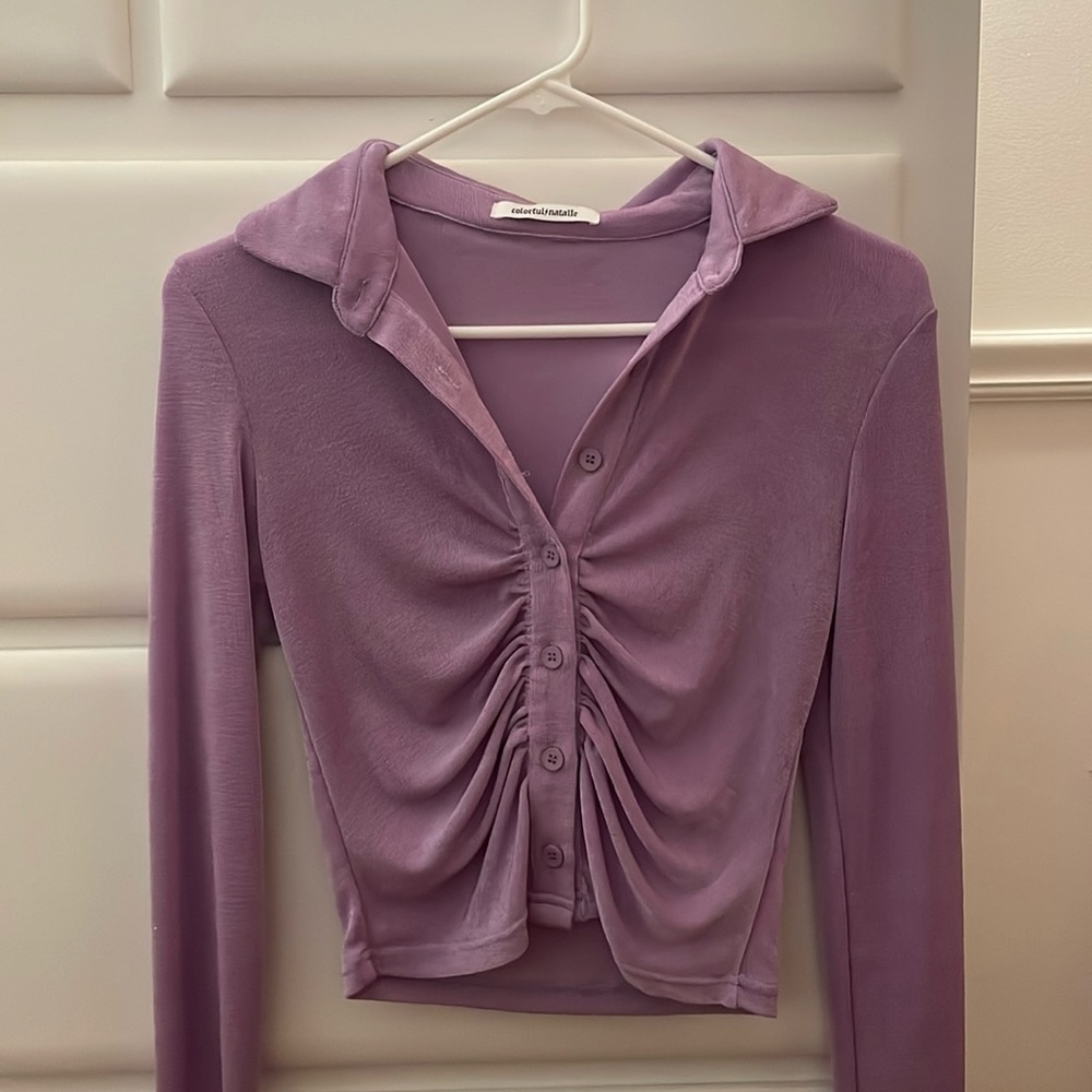 Colorful Natalie CALL IT QUITS PURPLE BUTTON DOWN LONG SLEEVE